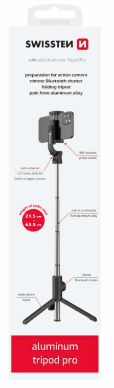 Swissten Bluetooth Selfie Stick Aluminum Tripod For Mobile Phones and GoPro With Remote Control