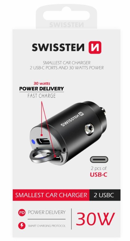 Swissten Nano Metal Car Charger Adapter 2xUSB-C with 30W PD / SCP