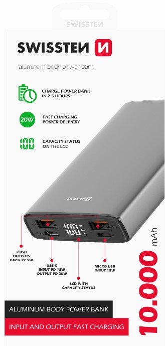 Swissten Aluminium Power Power Bank 2xUSB / USB-C / Micro USB / 20W / 10000 mAh