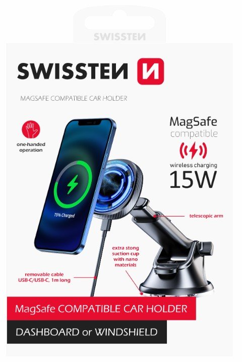 Swissten Magnetic Car Holder with Wireless Charger 15W (MagSafe compatible)
