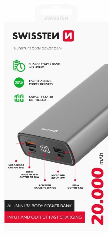 Swissten Aluminium Power Power Bank 2xUSB / USB-C / Micro USB / 20W / 20000 mAh