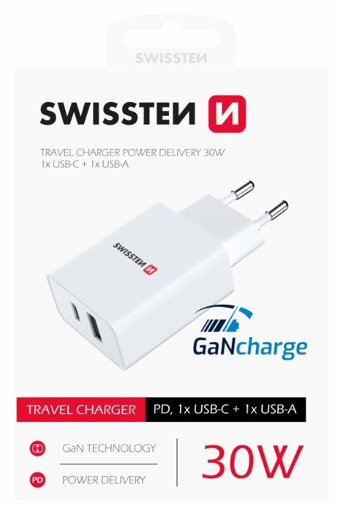 Swissten GaN Travel Charger PD 30W USB-C / USB