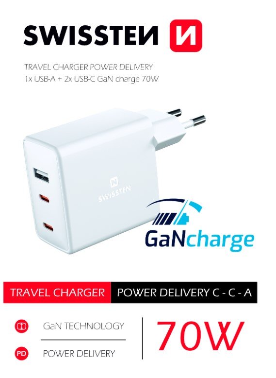 Swissten GaN Travel Charger 2 x USB-C / USB / 70W