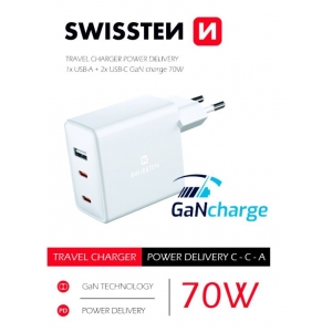 Swissten GaN Travel Charger 2 x USB-C / USB / 70W