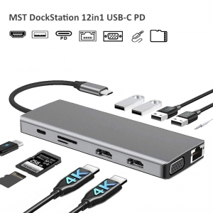 RoGer MST Dock Station 12in1 Lite USB-C to 2x HDMI / 4x USB3.0 / SD/TF / VGA / LAN