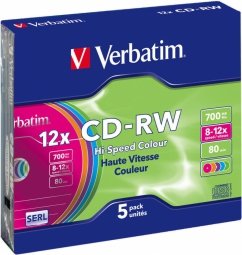 Verbatim Blank CD-RW SERL 700 MB 8x-12X Colour, 5 Pack Slim