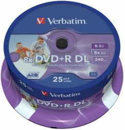 Verbatim Матрицы DVD+R DL 8.5GB Double Layer 8x AZO Wide Printable non ID 25 Pack Spindle