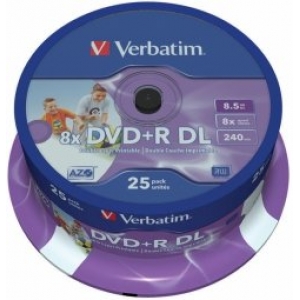 Verbatim Blank DVD+R DL  8.5GB Double Layer 8x AZO Wide Printable non ID 25 Pack Spindle