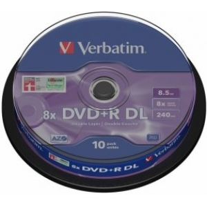 Verbatim Blank DVD+R DL 8.5GB Double Layer 8x AZO, 10 Pack Spindle