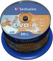 Verbatim Blank DVD-R AZO 4.7GB 16x Wide Printable non ID,50 Pack Spindle