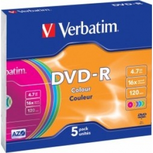 Verbatim Blank DVD-R AZO  4.7GB 16x Colour, 5 Pack Slim
