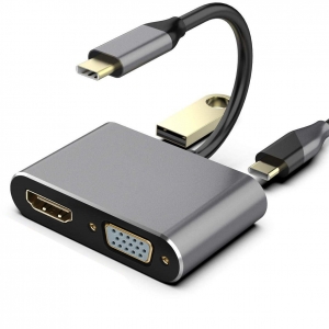 RoGer USB-C Multimedia Adapter HDMI 4K@30Hz / VGA 1080p / USB 3.0 / USB-C PD / Grey