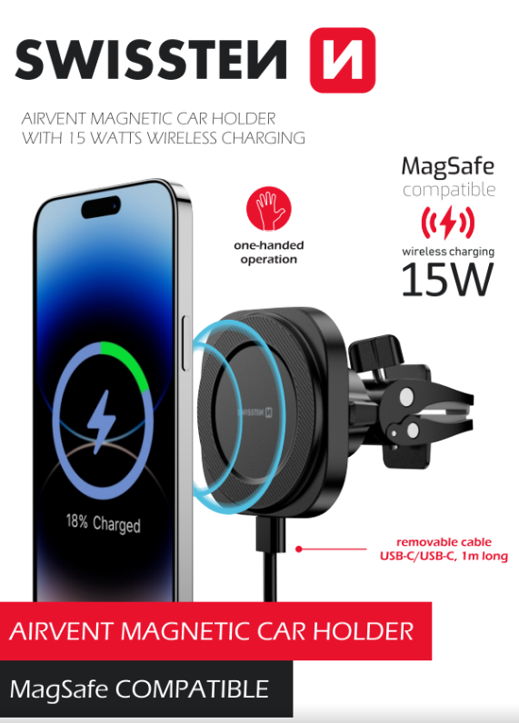 Swissten Magstick Car Holder With Wireless Charger 15W