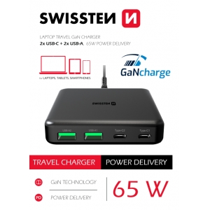 Swissten Desktop GaN Charger 2x USB-C /  2x USB / 65W