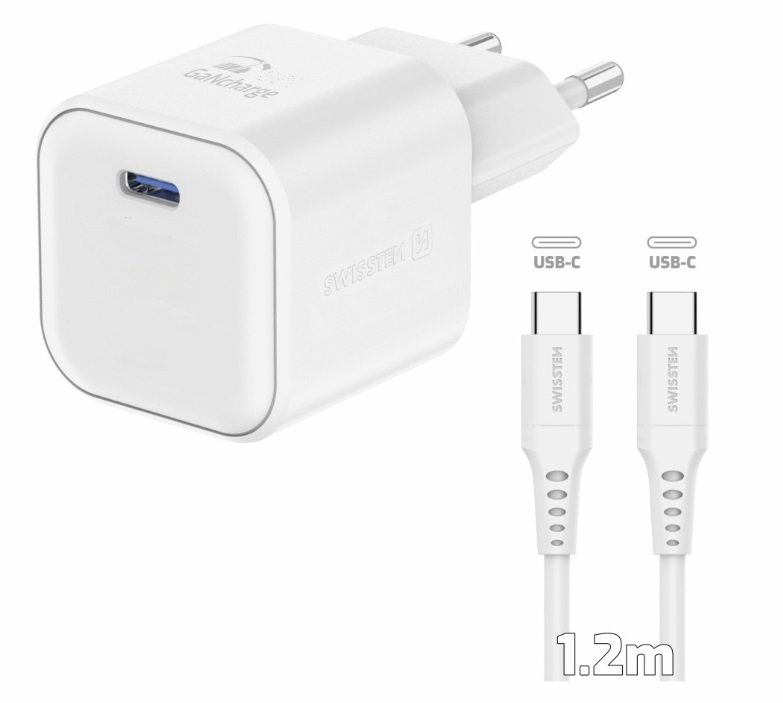 Swissten Travel Charger GaN USB-C 35W PD + Data Cable USB-C - USB-C 1.2m