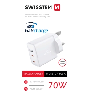 Swissten GaN Зарядное устройство 2x USB-C / USB для UK socket 70W