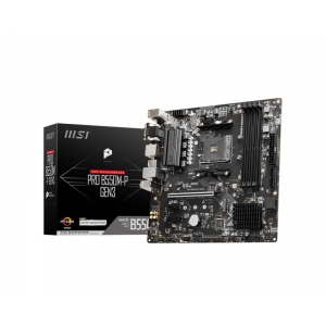Mainboard | MSI | AMD B550 | SAM4 | MicroATX | Memory DDR4 | Memory slots 4 | 2xPCI-Express 3.0 1x | 1xPCI-Express 3.0 16x | 1xM.2 | 1x15pin D-sub | 1xDVI-D | 1xHDMI | 2xAV-In | 1xAV-out | 4xUSB 2.0 | 2xUSB 3.2 | 1xPS/2 | 1xRJ45 | PROB550M-PGEN3