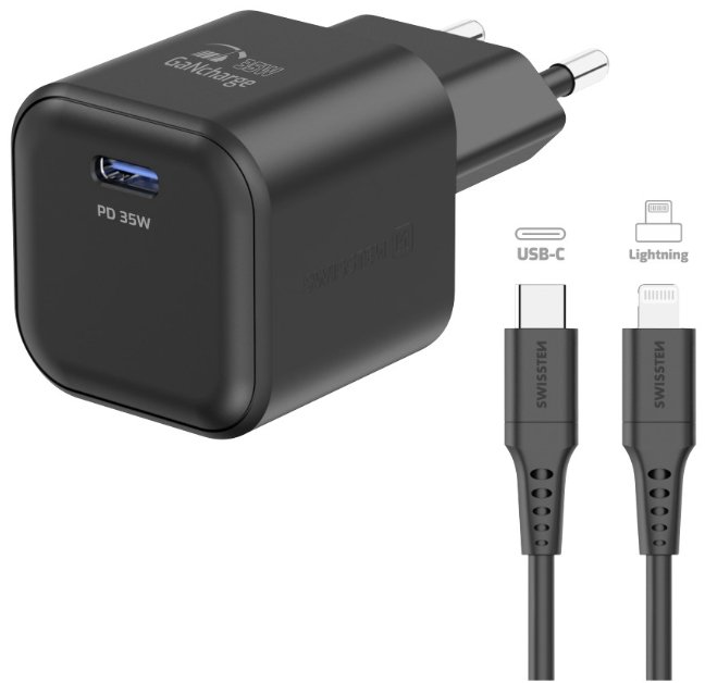 Swissten Travel Charger GaN USB-C 35W PD + Data Cable USB-C - Lightning 1.2m