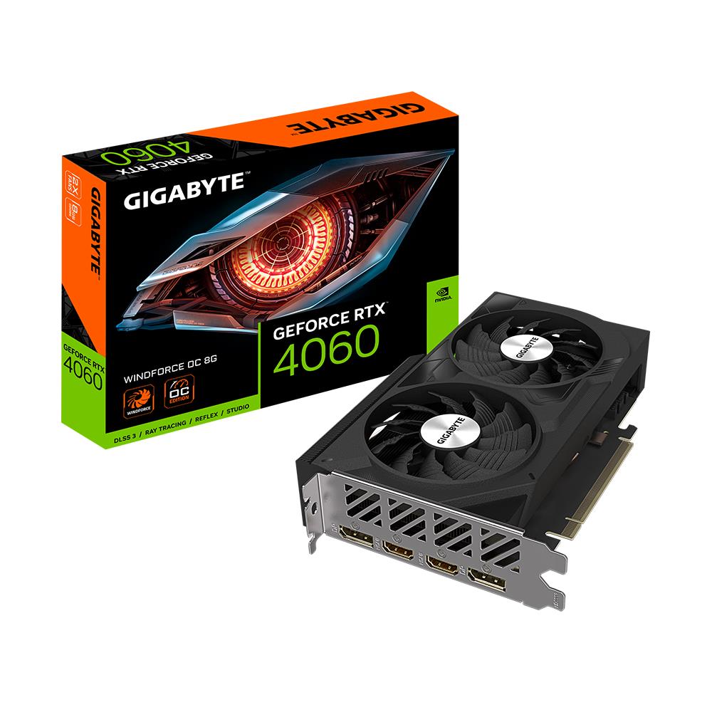 Graphics Card | GIGABYTE | NVIDIA GeForce RTX 4060 | 8 GB | GDDR6 | 128 bit | PCIE 4.0 16x | Dual Slot Fansink | 2xHDMI | 2xDisplayPort | GV-N4060WF2OC-8GD