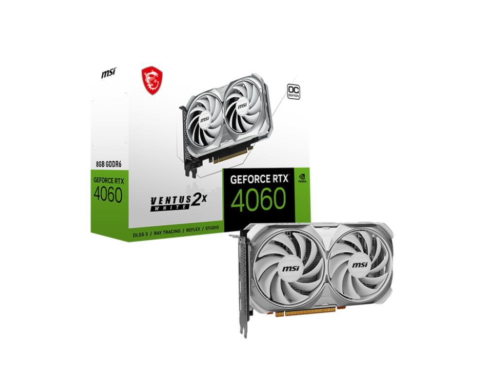 Graphics Card | MSI | NVIDIA GeForce RTX 4060 | 8 GB | GDDR6 | 128 bit | PCIE 4.0 8x | Dual Slot Fansink | 1xHDMI | 3xDisplayPort | RTX4060VEN2XWHITE8GOC