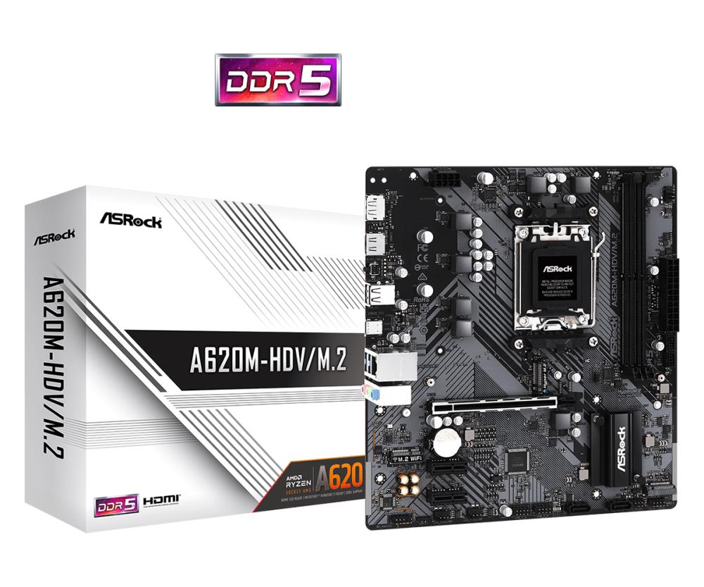 Mainboard | ASROCK | AMD A620 | SAM5 | Micro-ATX | Memory DDR5 | Memory slots 2 | 2xPCI-Express 3.0 1x | 1xPCI-Express 4.0 16x | 2xM.2 | 1xHDMI | 1xDisplayPort | 2xUSB 2.0 | 2xUSB 3.2 | 1xUSB-C | 1xRJ45 | 3xAudio port | A620M-HDV/M.2