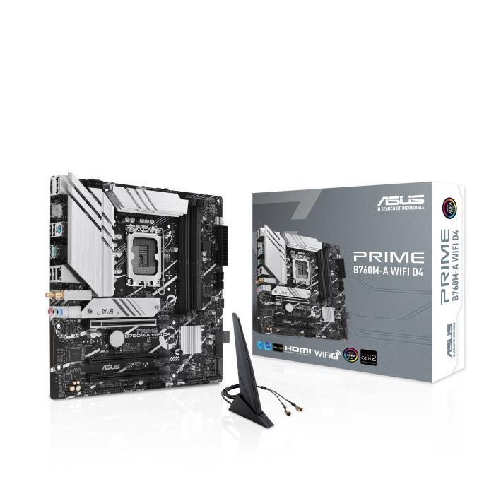 Mainboard | ASUS | Intel B760 Express | LGA1700 | Micro-ATX | Memory DDR4 | Memory slots 4 | 3xPCI-Express 4.0 16x | 2xM.2 | 2xHDMI | 1xDisplayPort | 4xUSB 2.0 | 2xUSB 3.2 | 1xPS/2 | 1xRJ45 | 3xAudio port | PRIMEB760M-AWIFID4