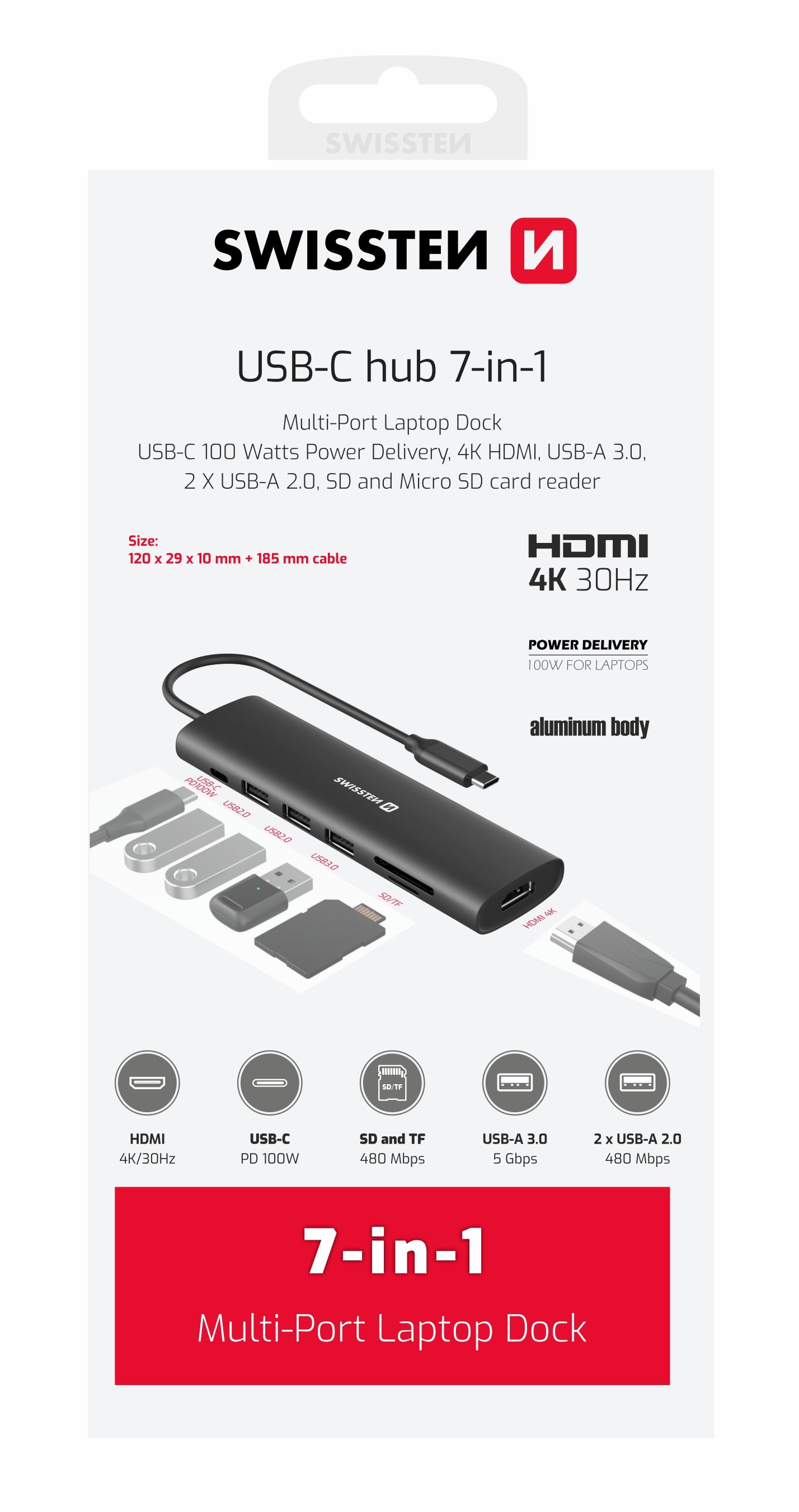 Swissten Aluminium Multi-Port Laptop Dock USB-C HUB 7-IN-1 USB-C 100W / HDMI 4K / USB-A 3.0 / 2x USB-A 2.0 / SD / MicroSD