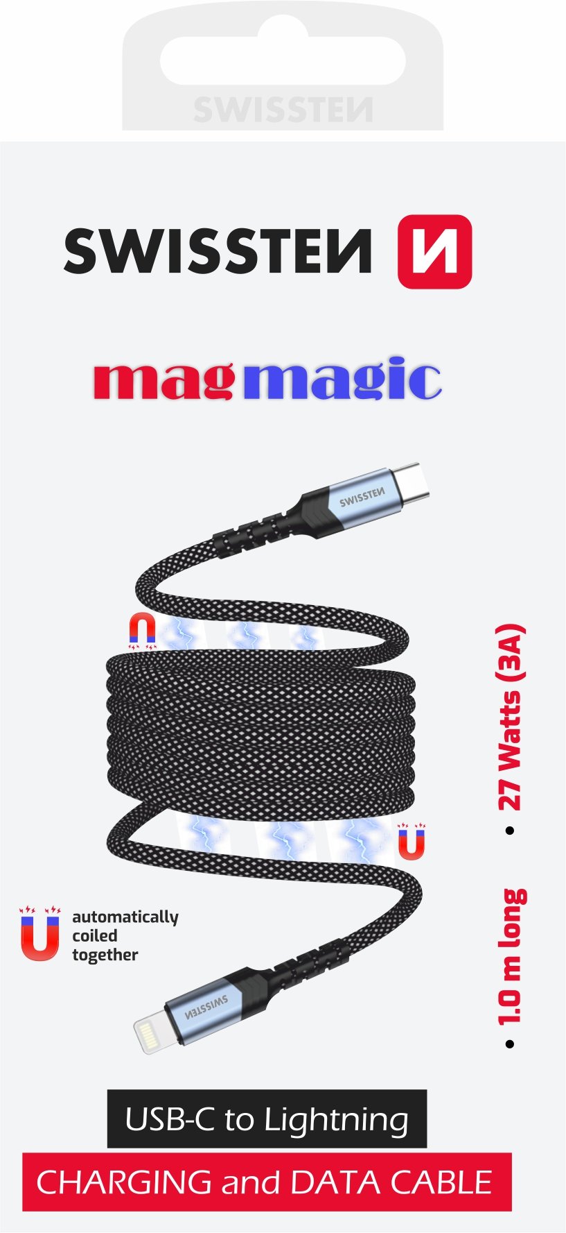 Swissten Magnetic Self-Winding USB-C / Lightning Data Cable 1m