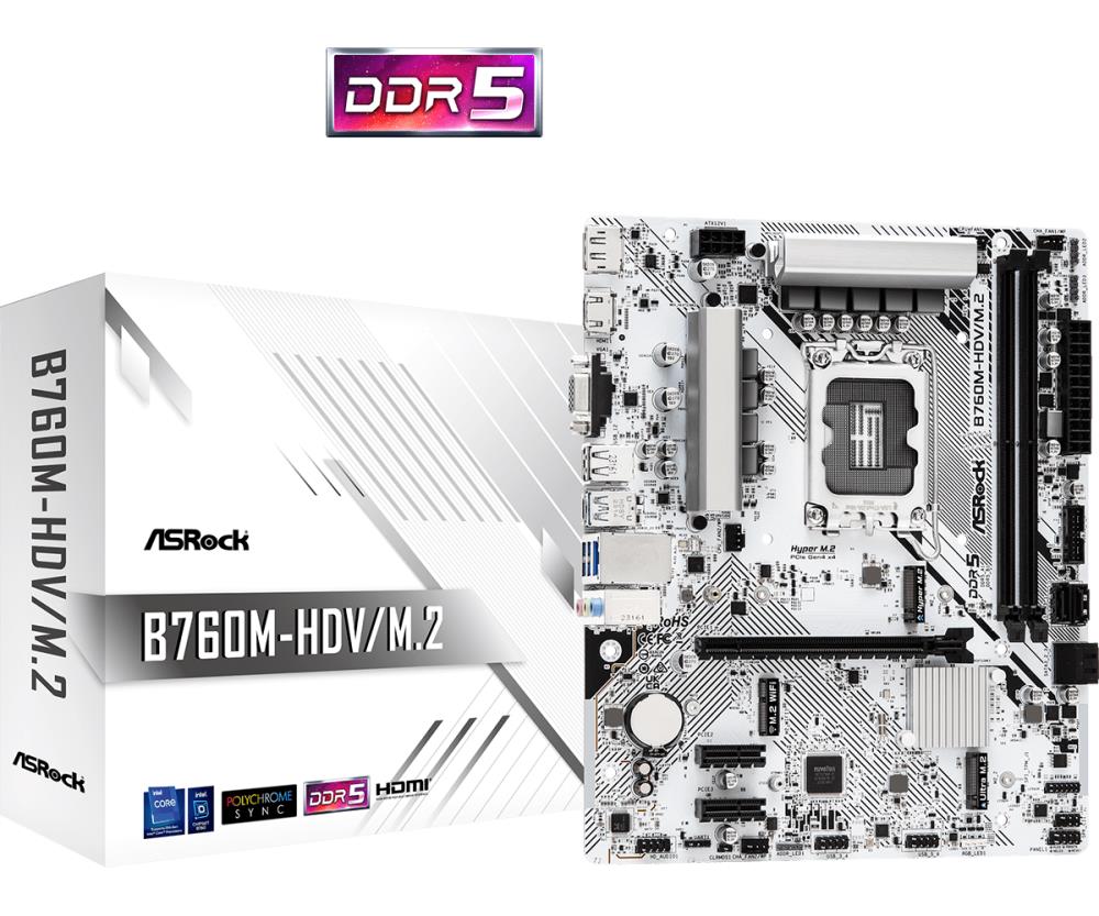 Mainboard | ASROCK | Intel B760 Express | LGA1700 | Micro-ATX | Memory DDR5 | Memory slots 2 | 2xPCI-Express 3.0 1x | 1xPCI-Express 4.0 16x | 1xM.2 | 1x15pin D-sub | 1xHDMI | 1xDisplayPort | 1xAV-In | 1xAV-out | 1xMicrophone | 2xUSB 2.0 | 3xUSB 3.2 | 1xUS