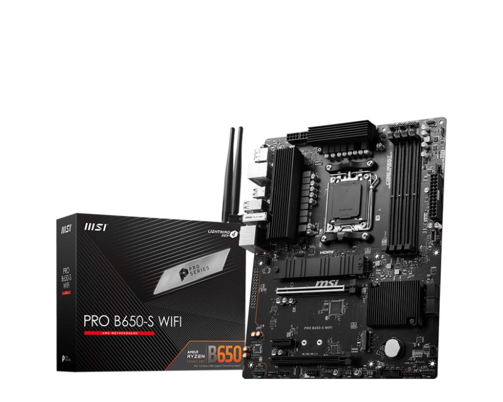 Mainboard | MSI | AMD B650 | SAM5 | ATX | Memory DDR5 | Memory slots 4 | 1xPCI-Express 1x | 2xPCI-Express 16x | 2xM.2 | 1xHDMI | 1xDisplayPort | 7xUSB 3.2 | 1xUSB-C | 1xRJ45 | 6xAudio port | PROB650-SWIFI