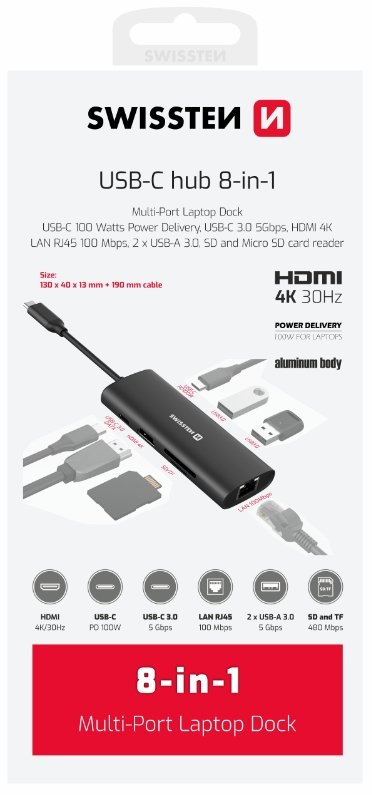 Swissten 8in1 USB-C Hub Aluminium USB-C 100W / HDMI 4K / LAN RJ45 / 2x USB-A / USB-C / SD / MICRO SD