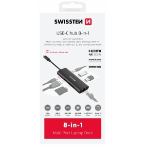 Swissten 8in1 USB-C Hub Алюминий USB-C 100W / HDMI 4K / LAN RJ45 / 2x USB-A / USB-C / SD / MICRO SD