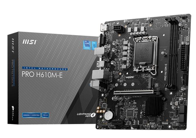 Mainboard | MSI | Intel H610 | LGA1700 | Micro-ATX | Memory DDR5 | Memory slots 2 | 1xPCI-Express 1x | 1xPCI-Express 16x | 1xM.2 | 1x15pin D-sub | 1xHDMI | 4xUSB 2.0 | 2xUSB 3.2 | 1xPS/2 | 1xRJ45 | 3xAudio port | PROH610M-E