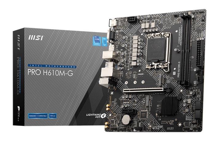 Mainboard | MSI | Intel H610 | LGA1700 | Micro-ATX | Memory DDR5 | Memory slots 2 | 1xPCI-Express 1x | 1xPCI-Express 16x | 1xM.2 | 1x15pin D-sub | 1xHDMI | 1xDisplayPort | 4xUSB 2.0 | 2xUSB 3.2 | 1xPS/2 | 1xRJ45 | 3xAudio port | PROH610M-GDDR5