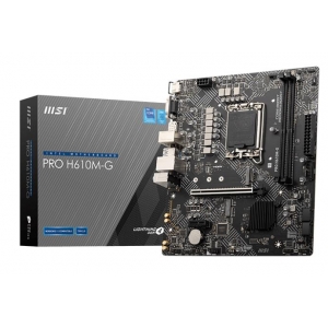 Mainboard | MSI | Intel H610 | LGA1700 | Micro-ATX | Memory DDR5 | Memory slots 2 | 1xPCI-Express 1x | 1xPCI-Express 16x | 1xM.2 | 1x15pin D-sub | 1xHDMI | 1xDisplayPort | 4xUSB 2.0 | 2xUSB 3.2 | 1xPS/2 | 1xRJ45 | 3xAudio port | PROH610M-GDDR5