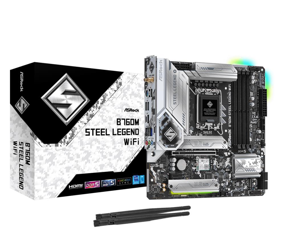 Mainboard | ASROCK | Intel B760 Express | LGA1700 | Micro-ATX | Memory DDR5 | Memory slots 4 | 1xPCI-Express 4.0 1x | 1xPCI-Express 5.0 16x | 4xM.2 | 1xHDMI | 1xDisplayPort | 2xUSB 2.0 | 5xUSB 3.2 | 1xUSB-C | 1xPS/2 | 1xRJ45 | 3xAudio port | B760MSTEELLEG