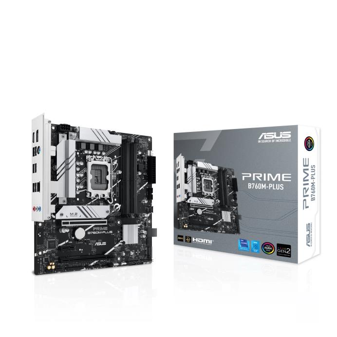 Mainboard | ASUS | Intel B760 Express | LGA1700 | Micro-ATX | Memory DDR5 | Memory slots 4 | 1xPCI-Express 4.0 1x | 2xPCI-Express 4.0 16x | 2xM.2 | 1xHDMI | 1xDisplayPort | 4xUSB 2.0 | 2xUSB 3.2 | 1xPS/2 | 1xRJ45 | 3xAudio port | PRIMEB760M-PLUS