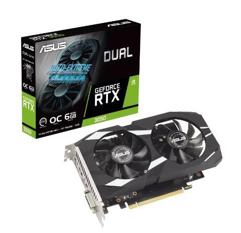 Graphics Card | ASUS | NVIDIA GeForce RTX 3050 | 6 GB | GDDR6 | 96 bit | PCIE 4.0 16x | Dual Slot Fansink | 1xDVI-D | 1xHDMI | 1xDisplayPort | DUAL-RTX3050-O6G