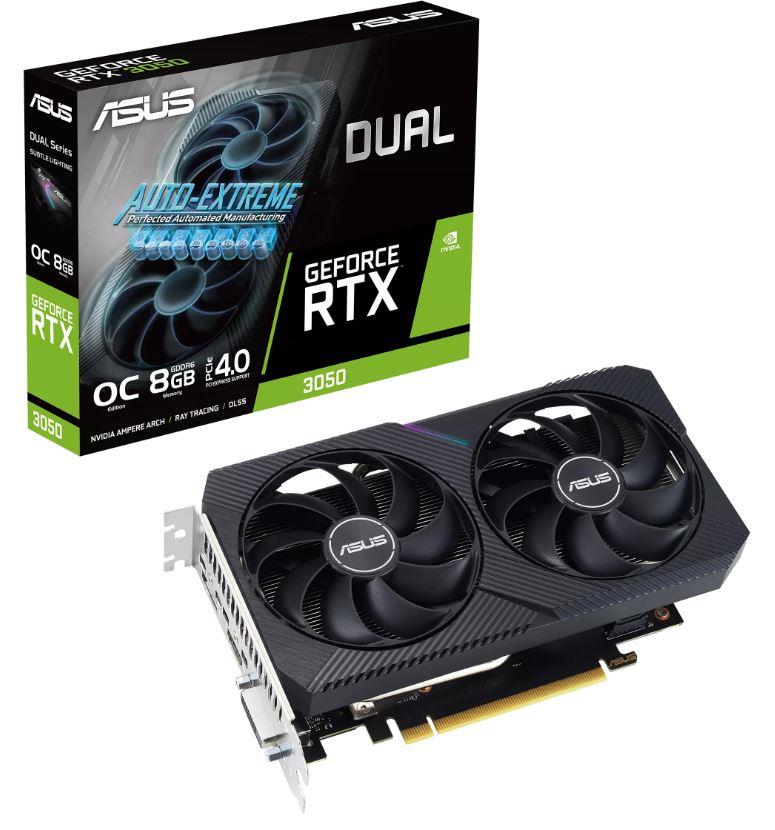 Graphics Card | ASUS | NVIDIA GeForce RTX 3050 | 8 GB | GDDR6 | 128 bit | PCIE 4.0 16x | Dual Slot Fansink | 1xDVI-D | 1xHDMI | 1xDisplayPort | DUAL-RTX3050-O8G-V2