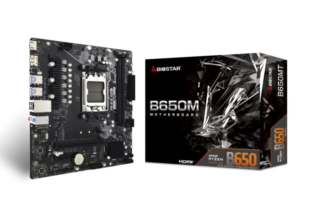 Mainboard | BIOSTAR | AMD B650 | SAM5 | Micro-ATX | Memory DDR5 | Memory slots 2 | 1xPCI-Express 3.0 1x | 1xPCI-Express 4.0 16x | 1xM.2 | 1xHDMI | 1xDisplayPort | 2xUSB 2.0 | 4xUSB 3.2 | 1xRJ45 | 3xAudio port | B650MT