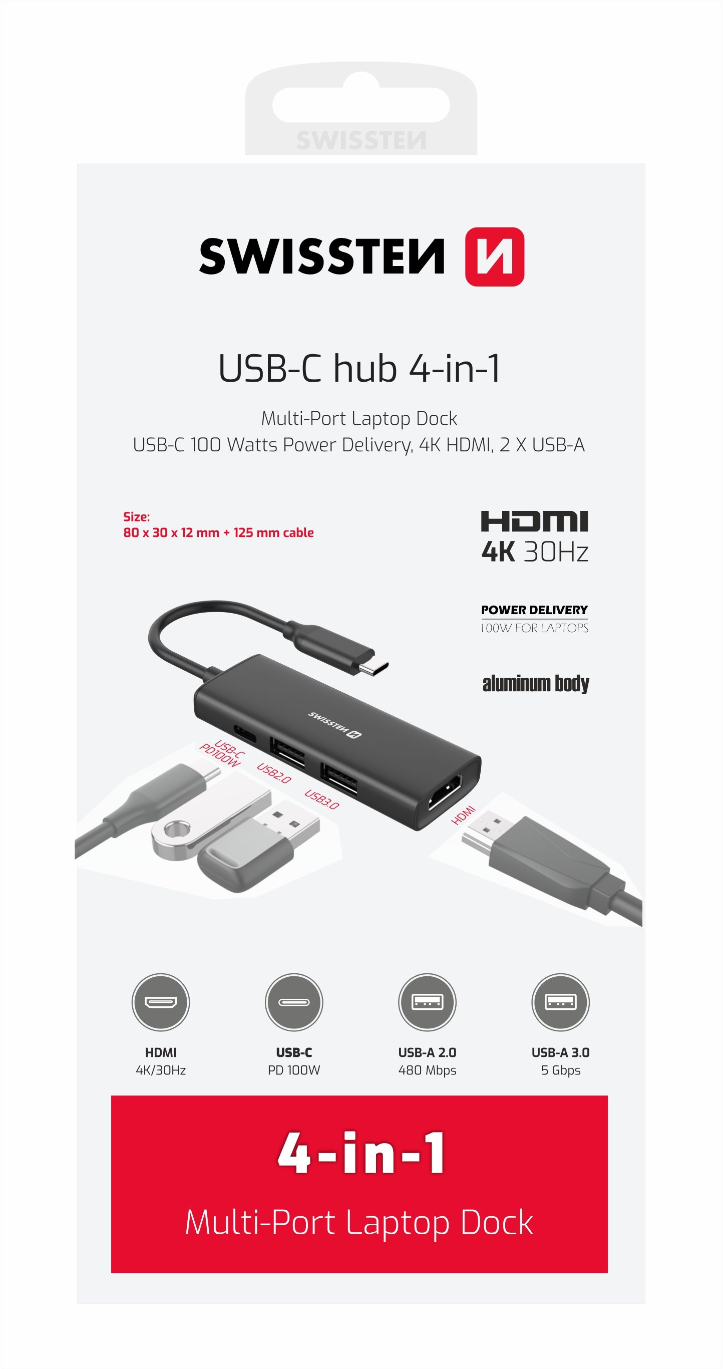 Swissten 4in1 USB-C Hub Multi-port laptop docking station 100W / HDMI 4K / 2x USB-A