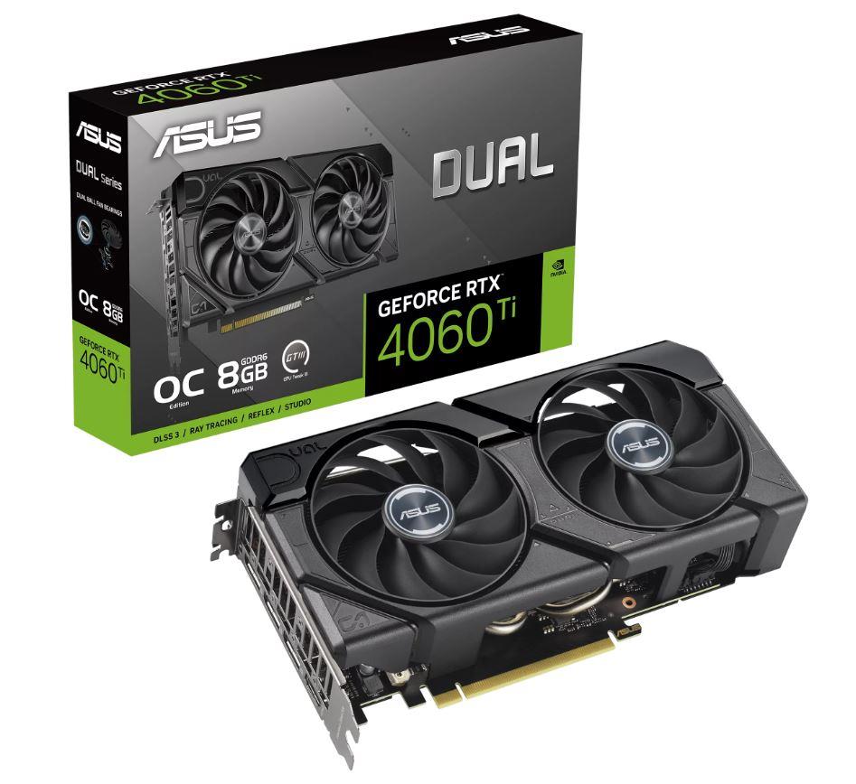 Graphics Card | ASUS | NVIDIA GeForce RTX 4060 Ti | 8 GB | GDDR6 | 128 bit | PCIE 4.0 16x | GPU 2565 MHz | Dual Slot Fansink | 1xHDMI | 3xDisplayPort | DUAL-RTX4060TI-O8G-EVO