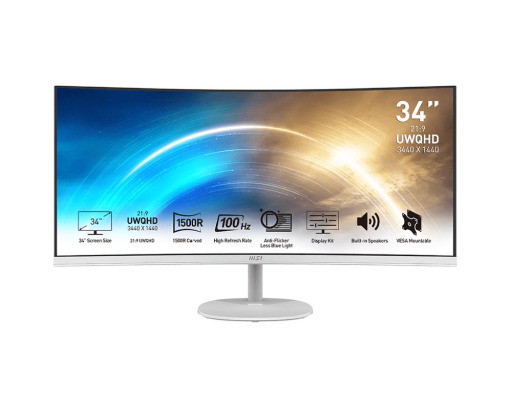 LCD Monitor | MSI | PRO MP341CQW | 34" | Business/Curved/21 : 9 | Panel VA | 3440x1440 | 21:9 | 100Hz | Matte | 4 ms | Speakers | Tilt | Colour White | PROMP341CQW