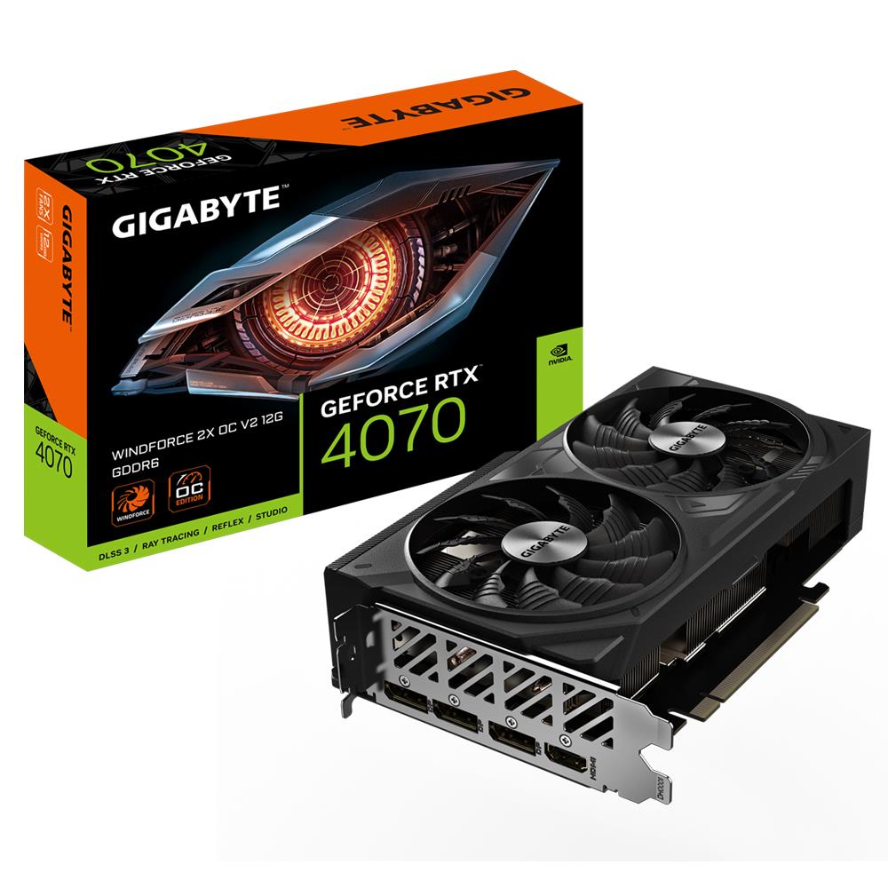 Graphics Card | GIGABYTE | NVIDIA GeForce RTX 4070 | 12 GB | GDDR6 | 192 bit | PCIE 4.0 16x | GPU 2490 MHz | Dual Slot Fansink | 1xHDMI | 3xDisplayPort | GV-N4070WF2OCV2-12GD