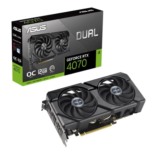 Graphics Card | ASUS | NVIDIA GeForce RTX 4070 | 12 GB | GDDR6 | 192 bit | PCIE 4.0 16x | Triple slot Fansink | 1xHDMI | 3xDisplayPort | DUAL-RTX4070-O12GD6-EVO