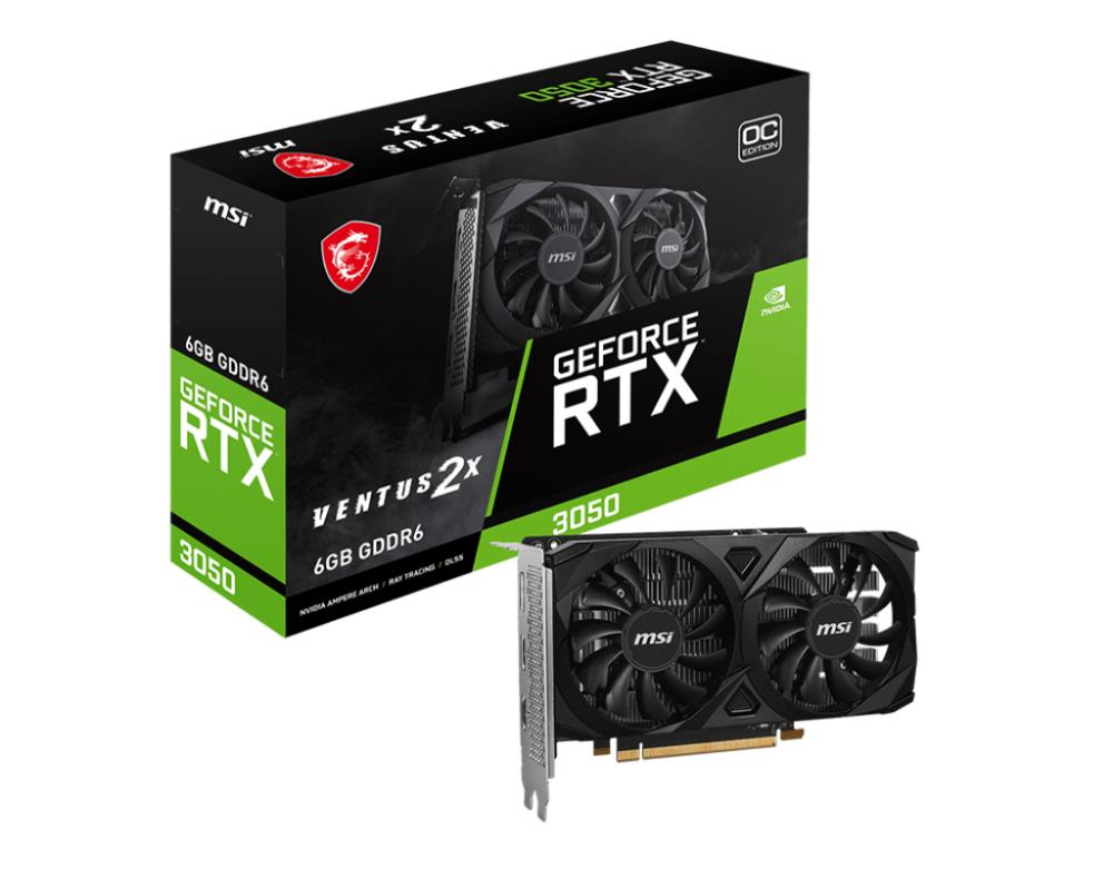 Graphics Card | MSI | NVIDIA GeForce RTX 3050 | 6 GB | GDDR6 | 96 bit | PCIE 4.0 16x | Dual Slot Fansink | 2xHDMI | 1xDisplayPort | RTX3050VEN2XE6GOC