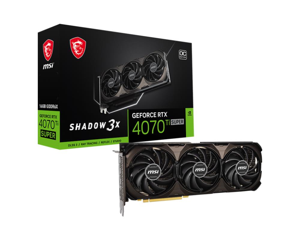 Graphics Card | MSI | NVIDIA GeForce RTX 4070 Ti SUPER | 16 GB | GDDR6X | PCIE 4.0 16x | Dual Slot Fansink | 1xHDMI | 3xDisplayPort | RTX4070TISUP16GSHAD3XOC