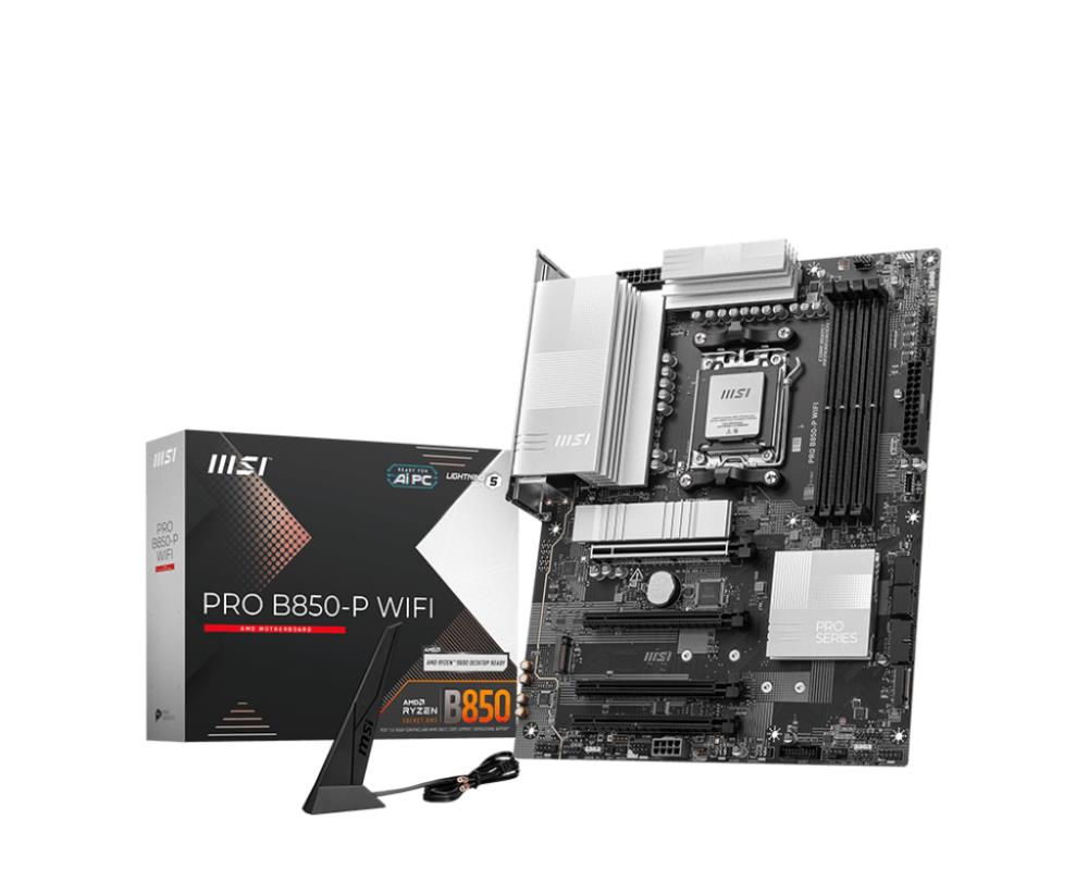 Mainboard | MSI | AMD B850 | SAM5 | ATX | Memory DDR5 | Memory slots 4 | 4xPCI-Express 16x | 3xM.2 | 1xHDMI | 1xAudio-In | 1xAudio-Out | 4xUSB 2.0 | 2xUSB 3.2 | 2xUSB-C | 1xOptical S/PDIF | 1xRJ45 | PROB850-PWIFI