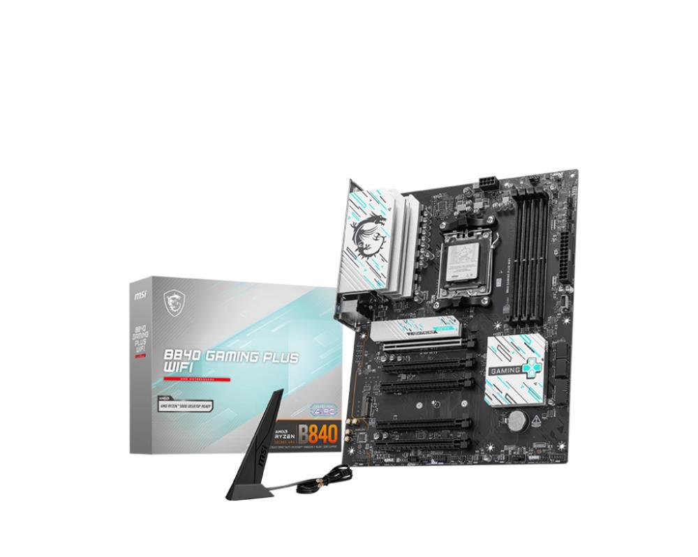 Mainboard | MSI | AMD B840 | SAM5 | ATX | Memory slots 4 | 5xPCI-Express 16x | 2xM.2 | 1xHDMI | 1xAudio-In | 1xAudio-Out | 1xMicrophone | 4xUSB 2.0 | 3xUSB 3.2 | 1xUSB-C | 1xRJ45 | B840GAMINGPLUSWIFI