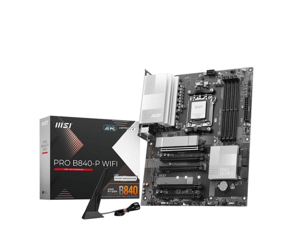 Mainboard | MSI | AMD B840 | SAM5 | ATX | Memory DDR5 | Memory slots 4 | 5xPCI-Express 16x | 2xM.2 | 1xHDMI | 1xAudio-In | 1xAudio-Out | 1xMicrophone | 4xUSB 2.0 | 3xUSB 3.2 | 1xUSB-C | 1xRJ45 | PROB840-PWIFI